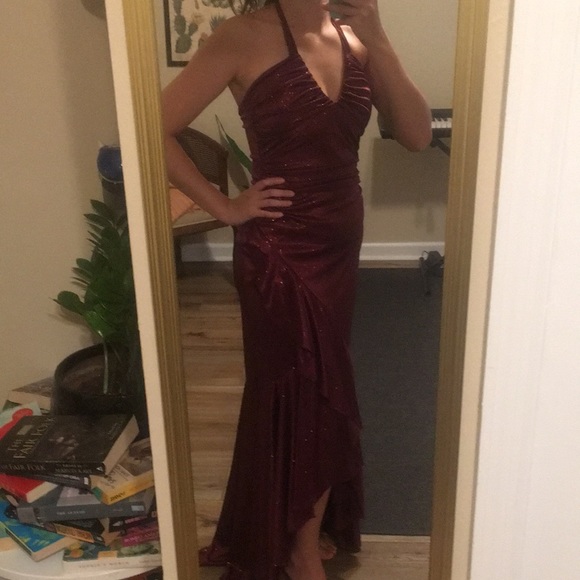 City Triangles | Red Glitter Halter Ruffle Dress - Picture 1 of 7